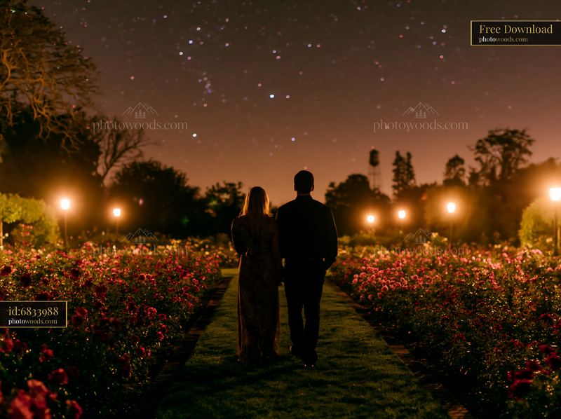 Couple walking away through rose garden under stars at night