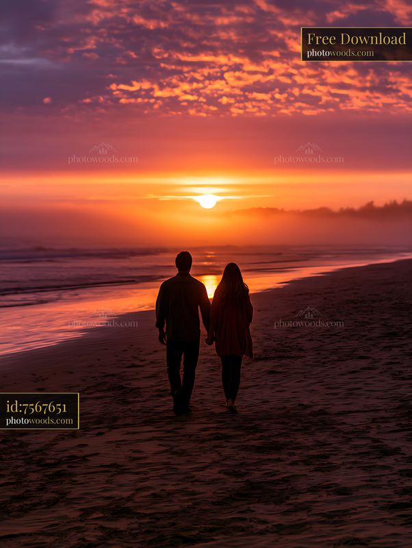 Couple walking hand in hand on a beach during sunset