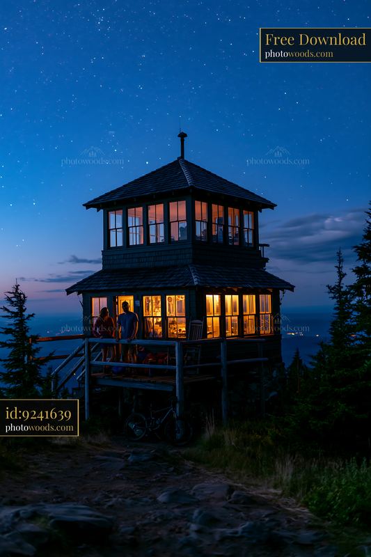 Couple watches stars from a mountain lookout tower