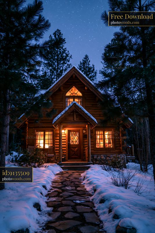 Cottage under stars with a stone path in a snowy forest