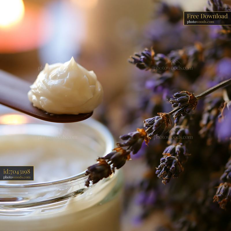 Cream dose on a spatula above cosmetic container with lavender