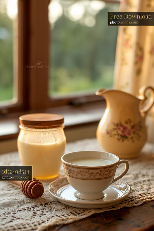 Cream dose beside honey dipper on a table