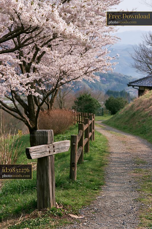 Cherry blossoms lining a pathway in the Japanese countryside