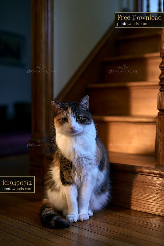 Dwelf cat portrait sitting calmly on wooden stairs