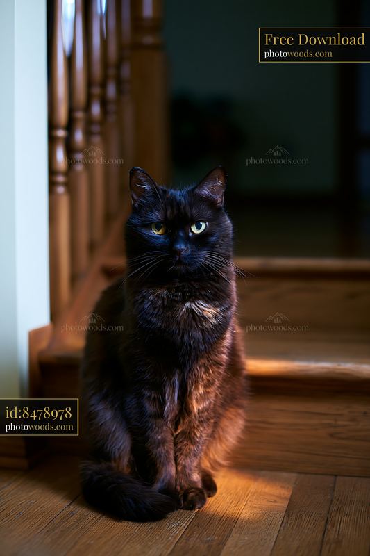 Dwelf cat portrait with a dark background and wooden stairs