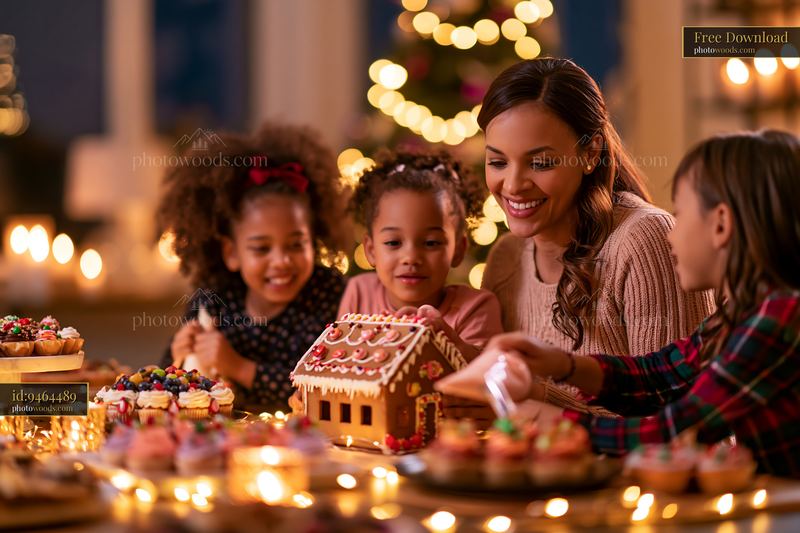 Family assembling gingerbread house during Christmas celebration