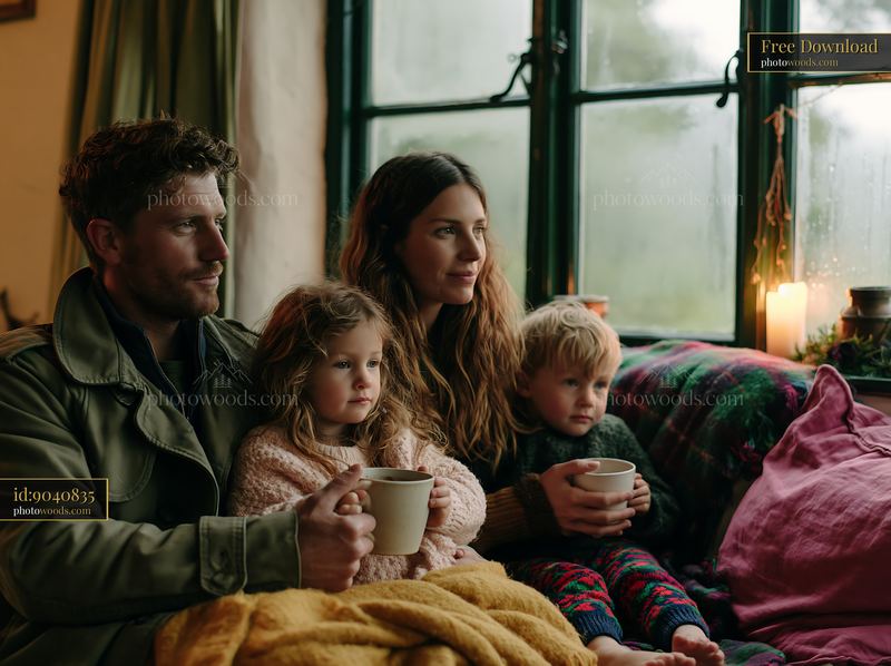 Family enjoying hot drinks by the window on a cozy day