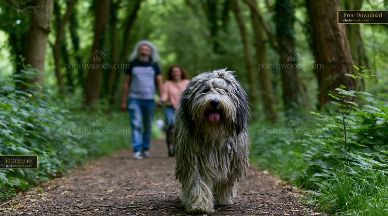 Happy family walking in a forest with a rare dog breed
