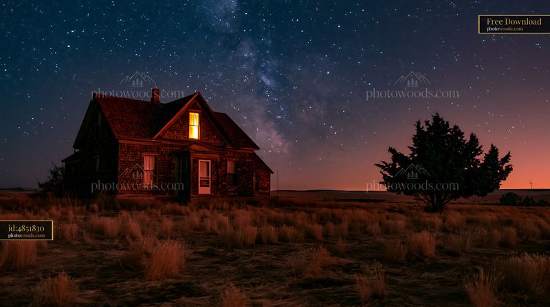 Farmhouse beneath night sky with stars and moonlight