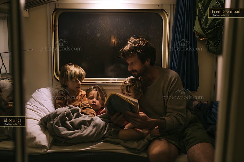 Father reading bedtime story to children in cozy room
