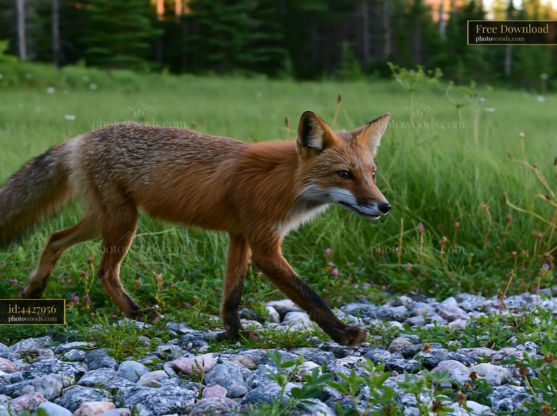 Fox crossing a meadow with stones and grass