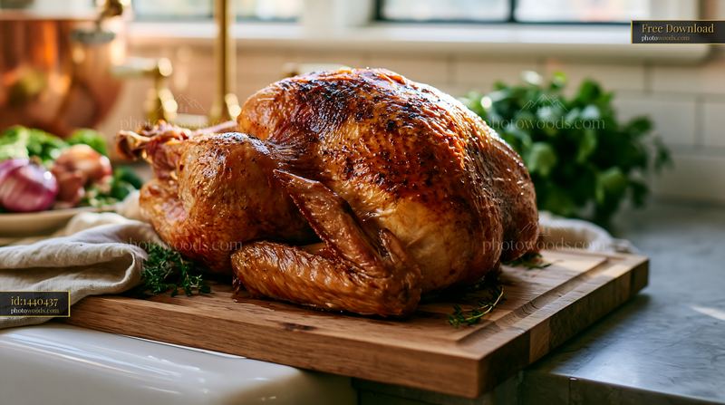 High-end kitchen with Christmas roast turkey ready for serving