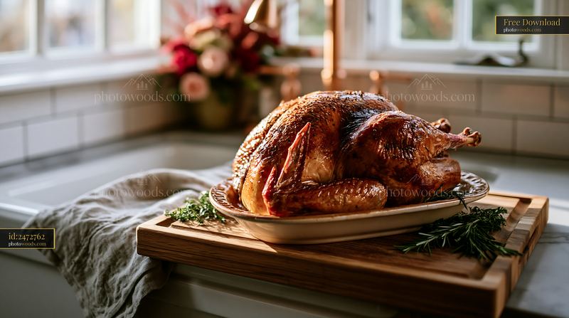 High-end kitchen displays Christmas roast turkey on a table