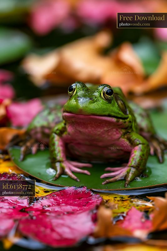 Water lily pond in autumn with frog among fallen leaves