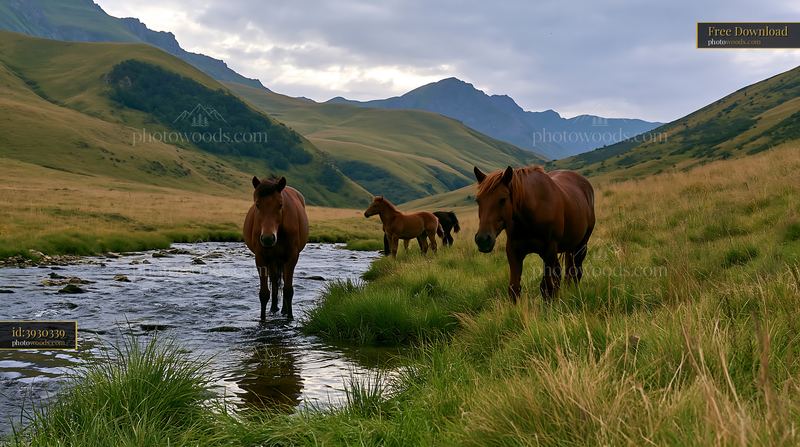 Wild horses grazing under cloudy sky in a green valley