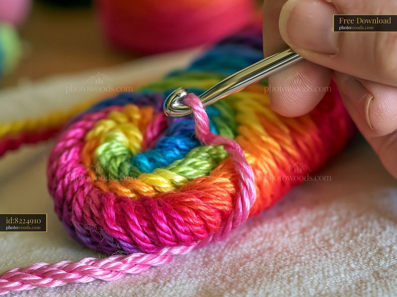 Crafting a colorful design with rainbow thread wound in spiral