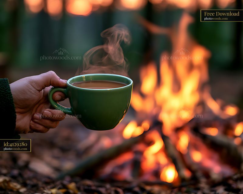 Warm drink held near a campfire in a forest setting