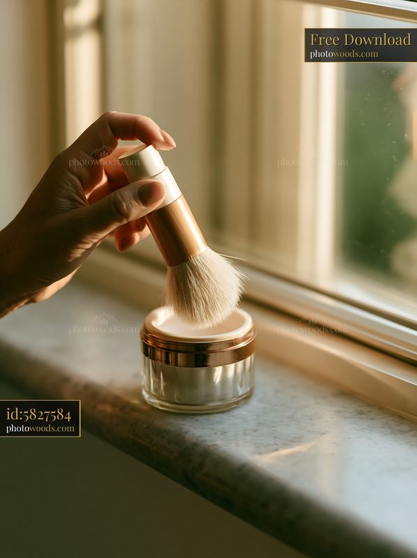 Cream dose dispensed onto a makeup brush by a hand by a window