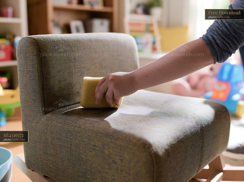 Sponge cleaning upholstery stain on a child's chair in a home