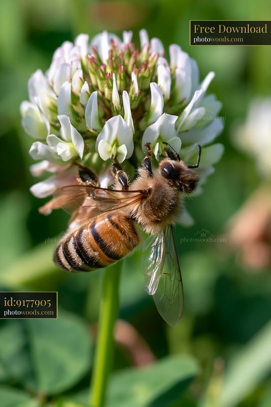 Honey bee underside view feeding on a white clover flower