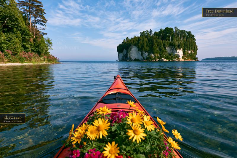 Vibrant flowers and white cliffs at an island from a kayak view
