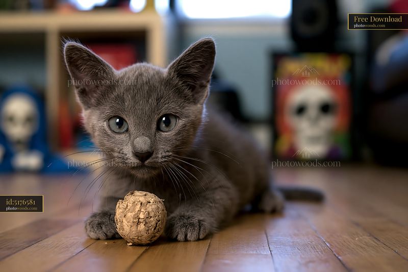 Korat kitten playing with a toy on a wooden floor
