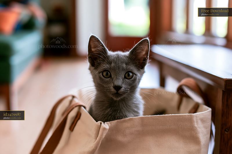 Korat kitten sitting in a bag inside a home setting