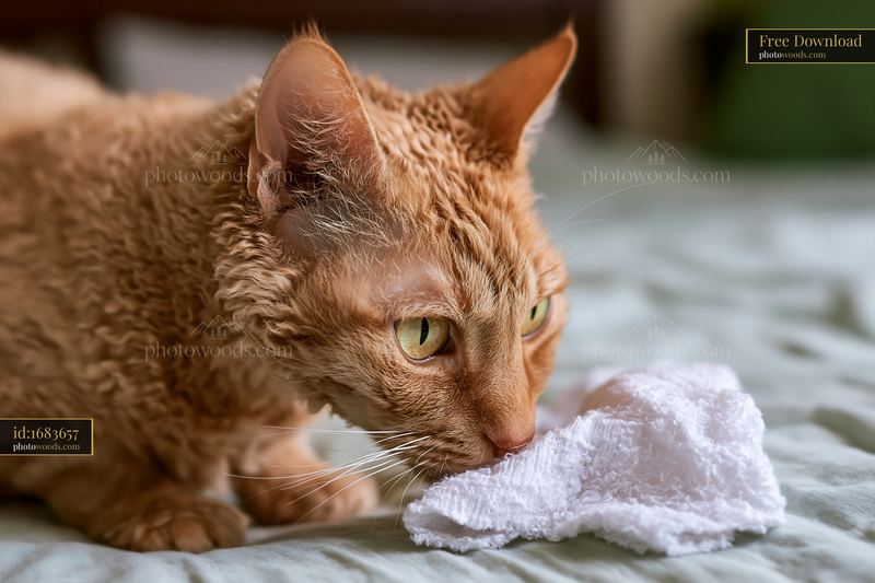 Close up of a LaPerm cat sniffing a white cloth