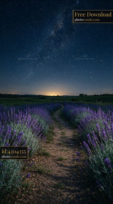 Starry night above a lavender field with a clear path