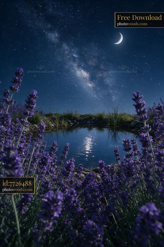 Starry night above a lavender field with a pond reflection