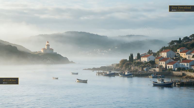 Lighthouse overlooking a fishing village with boats in the water
