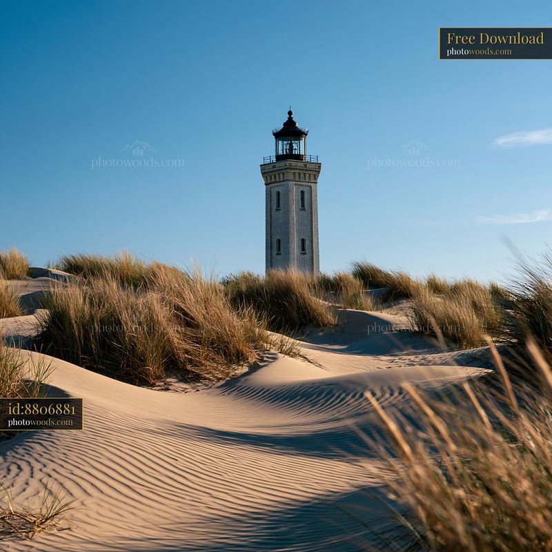 Lighthouse standing tall amidst sandy dunes and blue sky