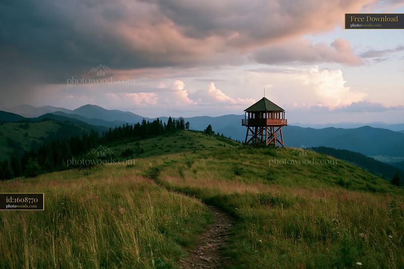 Dramatic thunderstorm over mountain range with lookout tower