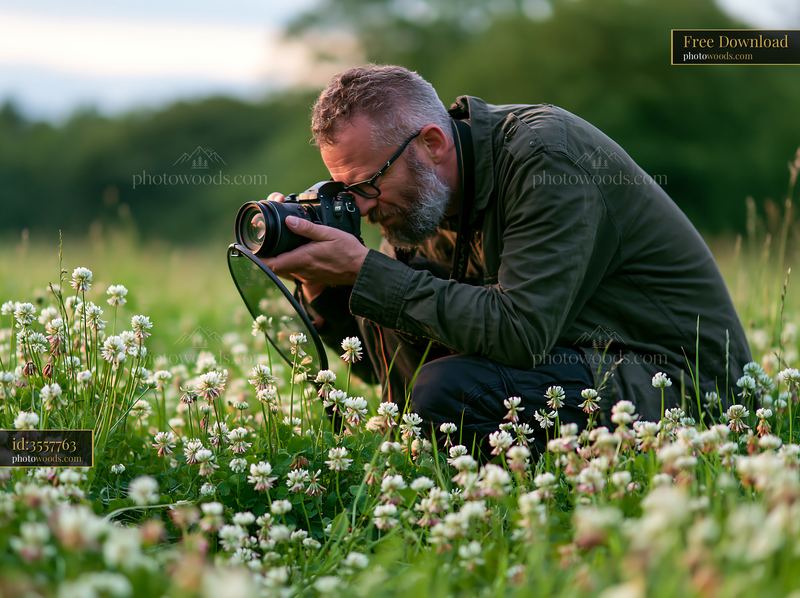 Man photographing meadow flowers in a green field