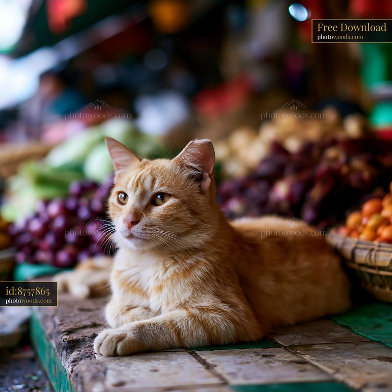 Mandalay cat portrait resting among market produce