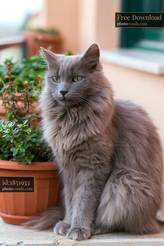 Mandalay cat portrait with soft fur sitting next to a plant