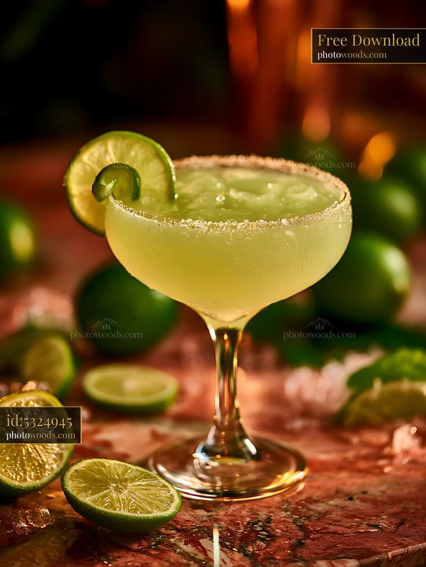 Fresh margarita cocktail with lime garnish on a bar counter