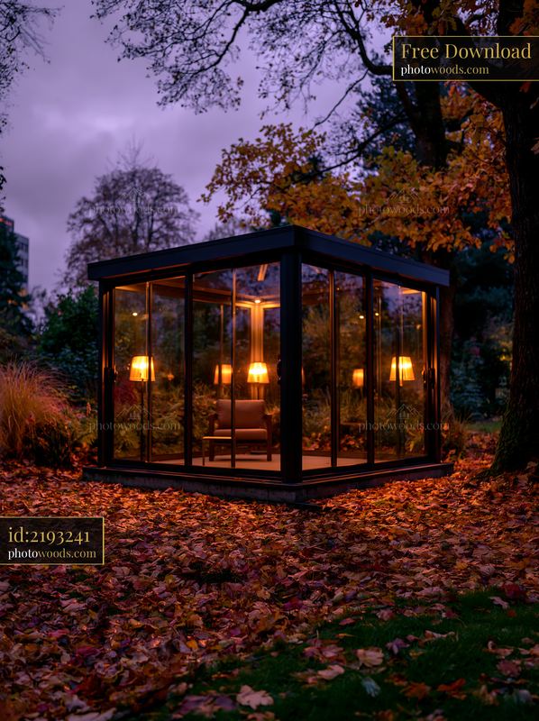 Modern glass garden pavilion with night lighting in autumn setting