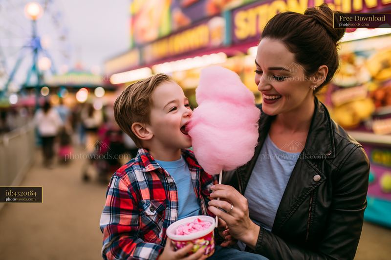 Mother and son eating cotton candy at a fair