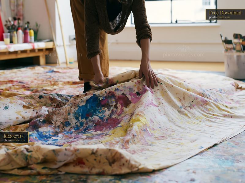 Creating art with paint splatter on cotton fabric in studio
