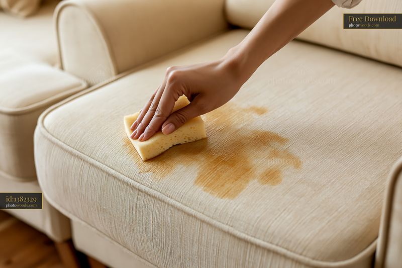Sponge cleaning upholstery stain on a beige couch