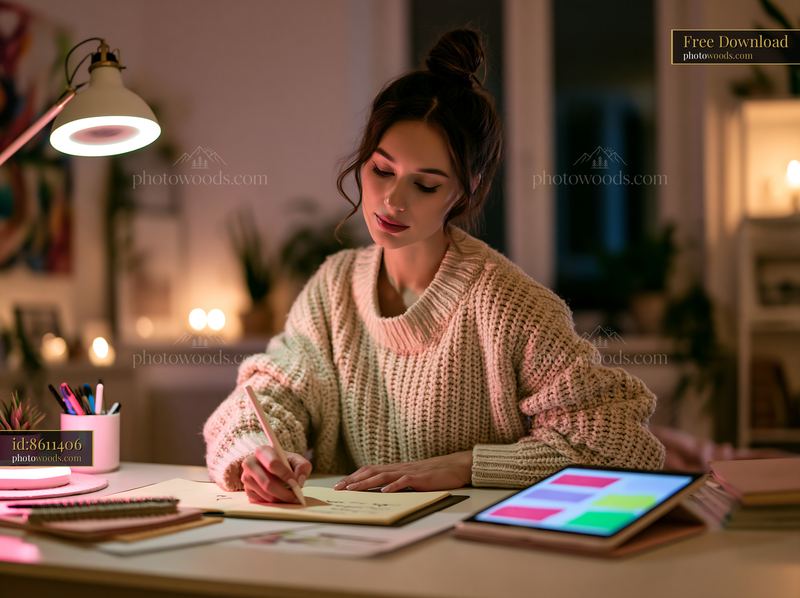 Person writing gift list at desk during evening