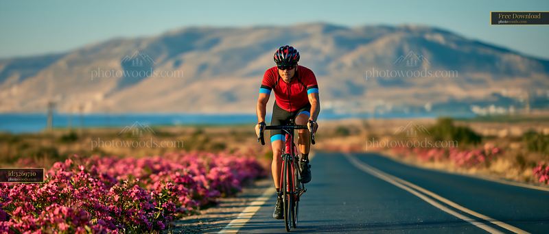 Biker riding on a scenic road surrounded by flowers