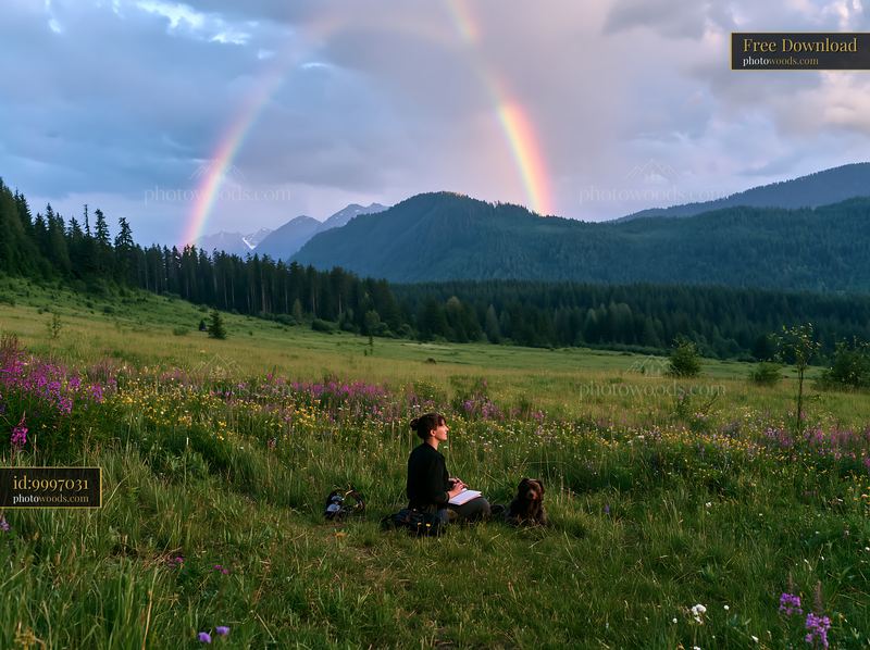 Creative moments in a meadow beneath a rainbow