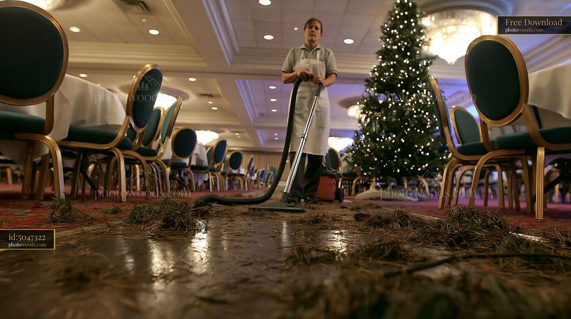 Cleanup after a Christmas party inside a decorated venue