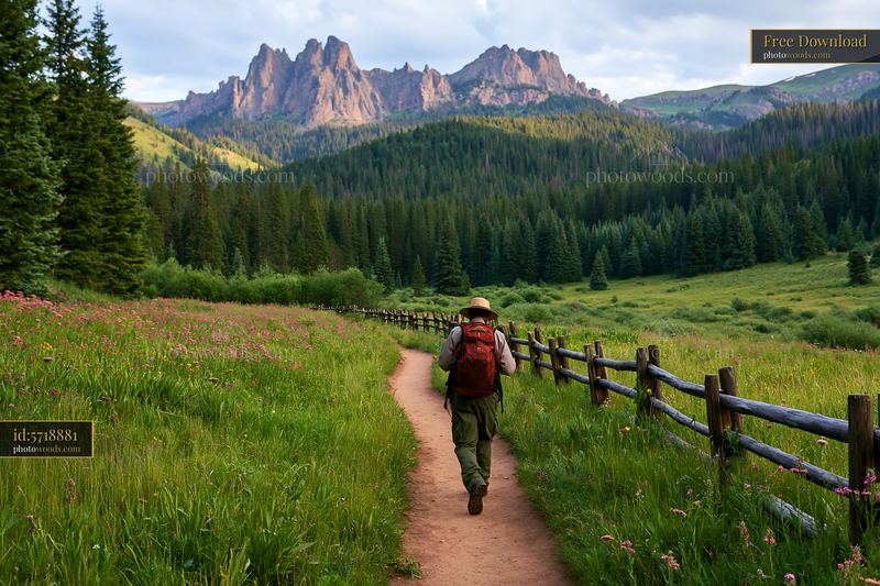 Hiker walking through wildflower meadow below rocky peaks