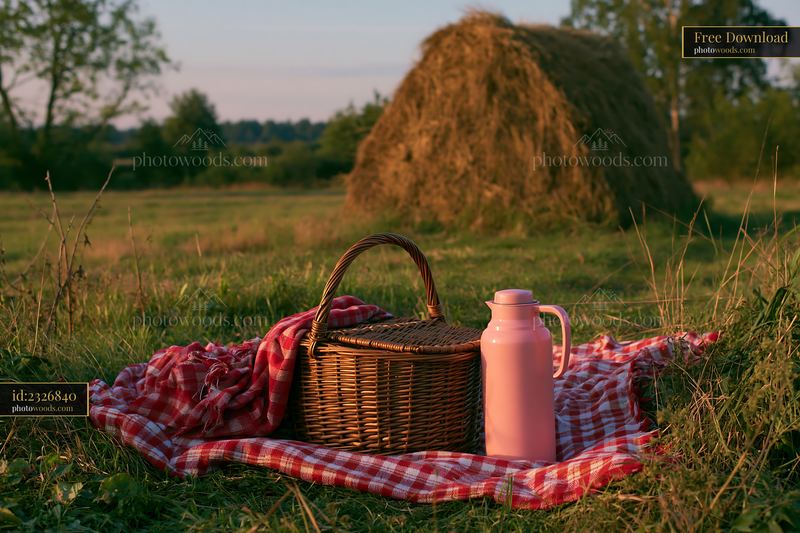 Meadow with traditional haystack and picnic setup