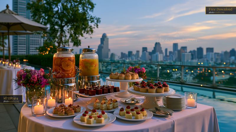 Elegant poolside buffet table with desserts and refreshments