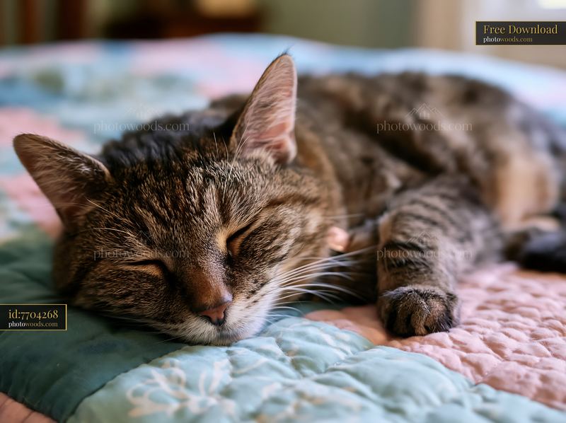 Rare cat breed sleeping at home on a colorful quilt