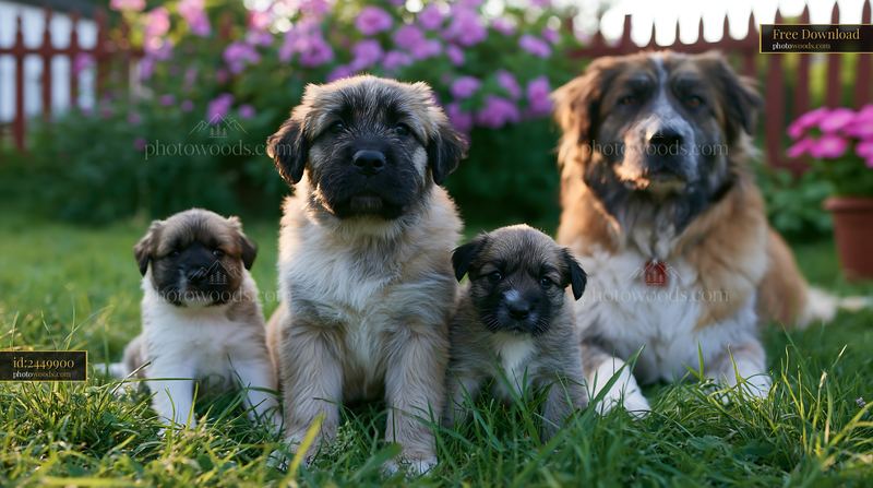 Rare dog breed mother with puppies in a garden setting